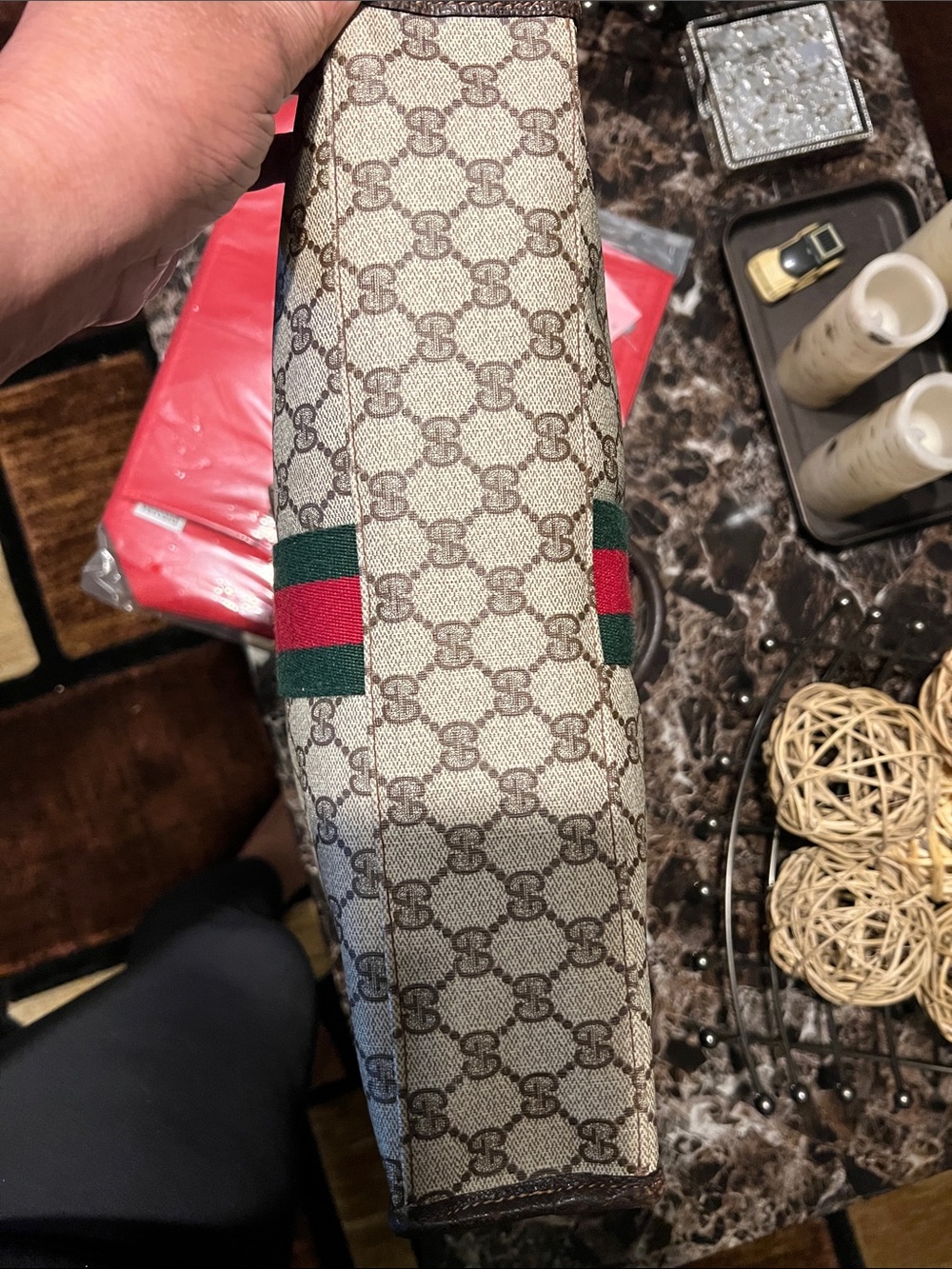 Gucci Beige GG Canvas Tote with Green and Red Web Stripe 16x14x2 inches ! - Picture 8 of 15